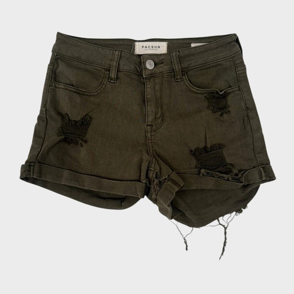 PacSun Olive Green Distressed Shorts Super Stretch Shortie Size 25